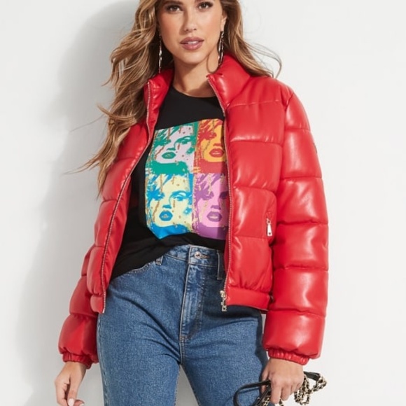 NEW GUESS Valetta Faux-Leather Puffer Jacket - Picture 5 of 9